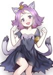  acerola_(pokemon) animal_ears armlet cat_ears dress elite_four flipped_hair hair_ornament highres open_mouth pokemon pokemon_(game) pokemon_sm purple_dress purple_hair short_hair simple_background solo stitches sunege_(hp0715) topknot torn_clothes torn_dress trial_captain white_background 