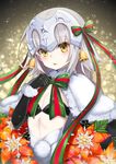  bell black_gloves blurry bokeh bow capelet christmas crescent depth_of_field elbow_gloves eyebrows eyebrows_visible_through_hair fate/grand_order fate_(series) flat_chest flower fur_trim gloves grey_hair headpiece highres jeanne_d'arc_(fate)_(all) jeanne_d'arc_alter_santa_lily looking_at_viewer night night_sky parted_lips pilokey poinsettia pom_pom_(clothes) ribbon short_hair sky solo sparkle star star_(sky) starry_sky upper_body white_capelet yellow_eyes 