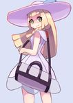  bag bangs bare_arms blonde_hair blunt_bangs blush braid breasts closed_mouth dress duffel_bag from_behind green_eyes hat highres lavender_background lillie_(pokemon) long_hair looking_back pokemon pokemon_(game) pokemon_sm simple_background sleeveless sleeveless_dress small_breasts solo standing sun_hat tesshii_(riza4828) twin_braids white_dress white_hat 