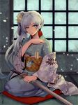  blue_eyes fan floral_print folding_fan hair_ornament japanese_clothes katana kimono long_hair myrtenaster petals rwby scar solo sumiwow sword weapon weiss_schnee white_hair 