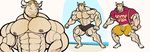  2016 abs anthro bag barazoku biceps big_muscles blonde_hair body_hair bovine boxers_(clothing) bulge cattle chest_hair clothing hair horn male mammal manly model_sheet muscular muscular_male pecs ripped-saurian shirt shorts smile solo underwear 