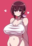  bare_arms bare_shoulders blush bottomless breasts brown_hair cleavage closed_mouth collarbone commentary_request covered_nipples groin hair_ribbon heart hoshizora_ikuyo konno_tohiro large_breasts long_hair looking_at_viewer low_ponytail mature navel out-of-frame_censoring pink_background pink_ribbon precure purple_eyes ribbon sidelocks smile smile_precure! solo sports_bra stomach 