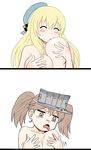  atago_(kantai_collection) blonde_hair breast_sucking breasts brown_hair closed_eyes flat_chest hat kantai_collection large_breasts long_hair multiple_girls ryuujou_(kantai_collection) self_breast_sucking tongue tongue_out twintails visor_cap y.ssanoha 
