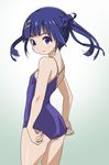  adjusting_clothes adjusting_swimsuit ass back bad_id bad_pixiv_id bangs blue_eyes blue_hair blue_swimsuit blunt_bangs closed_mouth competition_school_swimsuit cowboy_shot flat_ass flat_chest from_side gradient gradient_background grey_background hair_bun hair_ornament hairclip kusanagi_yuma light_smile long_hair looking_at_viewer looking_back one-piece_swimsuit rohitsuka school_swimsuit smile solo soushin_shoujo_matoi standing swimsuit twintails 