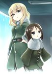  :&lt; alternate_height belt black_hair blonde_hair blue_eyes commentary_request fur_trim girls_und_panzer green_jacket height_switch highres jacket katyusha multiple_girls nonna role_reversal snow sweatdrop triangle_mouth tukiyofree 