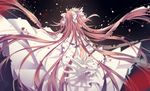  artist_name black_background blurry bow dated dissolving dress floating_hair from_behind gloves hair_bow kaname_madoka long_hair mahou_shoujo_madoka_magica nodoka_076 outstretched_hand pink_hair solo two_side_up ultimate_madoka very_long_hair white_bow white_dress white_gloves 