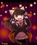  2016 4_fingers abstract_background anthro bangs big_eyes black_fur black_hair blush brown_eyes cat clothed clothing cute dress feline female fur hair hairclip halloween happy holidays inner_ear_fluff kemono legwear looking_at_viewer mammal pawpads paws pink_pawpads raised_arm ribbons signature skirt solo standing star stockings sunnynoga white_fur 