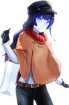  alternate_costume alternate_hairstyle bag black_hair blue_eyes blush claws commentary_request cowboy_shot hat kantai_collection light_cruiser_oni long_hair looking_at_viewer pale_skin poncho shinkaisei-kan shopping_bag smile solo weasel_(close-to-the-edge) 
