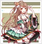  absurdres akira_(ying) black_legwear breasts brown_eyes brown_hair card character_name cleavage detached_sleeves green_eyes highres holding holding_card long_hair love_live! love_live!_school_idol_project medium_breasts minami_kotori open_mouth see-through solo thighhighs very_long_hair 