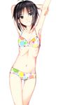  antenna_hair armpits arms_behind_head arms_up bad_id bad_pixiv_id bare_shoulders bikini black_eyes black_hair breasts cowboy_shot groin hachiware highres idolmaster idolmaster_(classic) idolmaster_2 kikuchi_makoto looking_away multicolored multicolored_polka_dots navel polka_dot polka_dot_bikini short_hair simple_background small_breasts smile solo standing swimsuit thigh_gap white_background 