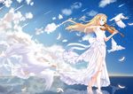  bird blonde_hair blue_eyes breasts dress feathers floating_hair flower hair_flower hair_ornament high_heels highres horizon instrument kai_(lolicc) long_hair meteor_shower miyazono_kawori music open_toe_shoes parted_lips playing_instrument ripples shigatsu_wa_kimi_no_uso shoes shooting_star small_breasts solo standing standing_on_liquid strappy_heels violin white_dress 