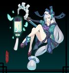  absurdly_long_hair absurdres aoandon bangs bare_shoulders blue_eyes blue_lips blue_nails blunt_bangs bone bow bug butterfly covering covering_ass flying full_body gloves hair_ornament highres insect japanese_clothes lantern legs long_hair looking_at_viewer low-tied_long_hair nail_polish off_shoulder onmyoji partly_fingerless_gloves solo staff very_long_hair white_hair white_skin zxj 