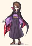  boots brown_eyes brown_hair cape cross-laced_footwear glasses hakama hat high_heel_boots high_heels japanese_clothes kaede_(mmkeyy) kimono lace-up_boots low_twintails meiji_schoolgirl_uniform short_twintails smile solo touhou twintails usami_sumireko 