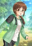  akizuki_ritsuko antenna_hair braid brown_eyes brown_hair hida_tatsuo hood hooded_jacket idolmaster idolmaster_(classic) jacket long_hair looking_at_viewer open_mouth pants solo track_pants 