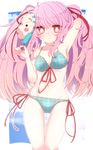  aoi_(annbi) bikini blue_bikini closed_mouth expressionless food groin hair_ribbon hata_no_kokoro highres knees_together long_hair looking_at_viewer mask mask_on_head navel noh_mask pink_hair popsicle red_eyes red_ribbon ribbon side-tie_bikini solo standing swimsuit thigh_gap touhou twintails 