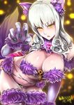  animal_ears aoiroenogu bare_shoulders bent_over breasts carmilla_(fate/grand_order) cleavage cosplay curly_hair dangerous_beast elbow_gloves fate/grand_order fate_(series) gloves halloween_costume large_breasts long_hair looking_at_viewer mash_kyrielight mash_kyrielight_(cosplay) navel paw_pose purple_gloves purple_legwear signature silver_hair solo tail thigh_gap thighhighs thighs wolf_ears wolf_tail yellow_eyes 