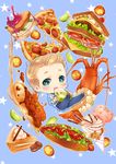  blonde_hair blue_eyes cake casual chibi ee0418 food fruit hot_dog ice_cream lime_(fruit) lobster male_focus marvel pasta pie pizza sandwich solo steve_rogers 