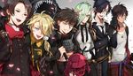  armor black_gloves black_hair blonde_hair blue_eyes brown_hair doudanuki_masakuni earrings eyepatch eyes_visible_through_hair gloves green_hair hair_over_one_eye hizamaru_(touken_ranbu) japanese_armor jewelry kashuu_kiyomitsu katana male_focus mole mole_under_mouth multiple_boys necktie ookurikara open_mouth petals ponytail red_eyes scar scarf shishiou shishiou_no_mofumofu shokudaikiri_mitsutada smile suna_(sngm025) sword touken_ranbu weapon yellow_eyes 