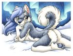  2016 anthro breasts butt canine cute dog female fur hair husky long_hair looking_back lying mammal michele_light nude paws pinup pose raised_tail smile solo toes 