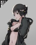  bangs bikini black_bikini black_bikini_top black_gloves black_hair black_jacket breasts commentary gloves grey_background grey_eyes hand_on_head hand_up jacket medium_breasts navel neco original parted_lips short_hair simple_background solo swimsuit teeth 