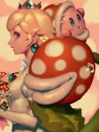  1girl bellhenge blonde_hair blue_eyes blush copy_ability crown dress gloves jewelry kirby kirby_(series) long_hair mario_(series) nintendo open_mouth piranha_plant princess_peach sharp_teeth simple_background smile spikes super_mario_bros. super_mario_odyssey super_smash_bros. super_smash_bros._ultimate teeth wedding_dress 