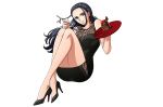  1girl 3:2_aspect_ratio ass black_dress black_hair blue_eyes breasts cake chocolate cleavage dress female food fork happy heels high_heels hips large_breasts legs long_hair nico_robin official_art one_piece plate shoes simple_background skirt smile solo sweets thick_thighs thighs white_background wide_hips 
