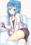  :/ ahoge ass bike_shorts blanket blue_hair blush cardigan collarbone hacka_doll hacka_doll_3 handheld_game_console highres holding indoors long_hair long_sleeves looking_at_viewer lying male_focus on_bed on_side otoko_no_ko pillow playstation_vita purple_eyes reinama solo 