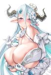  areola_slip areolae bare_shoulders blue_hair blush breasts choker cleavage draph elbow_gloves flower gigantic_breasts gloves granblue_fantasy hair_flower hair_ornament hairpin hat horns huge_breasts ion_(cation) izmir long_hair looking_at_viewer parted_lips pointy_ears purple_eyes simple_background solo white_background 