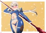  &gt;:) absurdres adapted_costume armor blue_panties blush bodysuit commentary_request cosplay earrings embarrassed fate/kaleid_liner_prisma_illya fate_(series) gae_bolg groin highres holster illyasviel_von_einzbern jewelry lancer lancer_(cosplay) long_hair looking_at_viewer midriff navel ookami_maito panties polearm ponytail red_eyes shiny shiny_clothes simple_background skin_tight smile solo spear star starry_background thigh_holster underwear v-shaped_eyebrows weapon white_hair yellow_background 