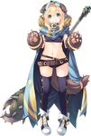  animal_ears aquaplus belt blonde_hair boots cape dungeon_travelers_2 erthuricia_vitor_de_ritzhevin fingerless_gloves full_body gloves green_eyes highres hood huge_weapon kokonoka long_hair looking_at_viewer loose_belt midriff navel official_art paw_gloves paws smile solo star star_print sword tail thighhighs transparent_background weapon 