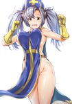  blue_hair boots breasts brown_eyes cosplay cross dragon_quest dragon_quest_iii ganari_ryuu gloves granblue_fantasy hat highres large_breasts long_hair mitre naked_tabard no_bra no_panties open_mouth priest_(dq3) priest_(dq3)_(cosplay) solo sophia_(granblue_fantasy) tabard twintails 