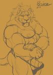  2016 anthro barbed_penis biceps big_muscles brown_background claws clothed clothing digital_drawing_(artwork) digital_media_(artwork) erection feline flexing front_view half-length_portrait hi_res lion looking_at_viewer male mammal mane monochrome muscular muscular_male nipples pecs penis portrait pose raivenderouthelion_(artist) sepia signature simple_background sketch solo standing tenting topless underwear vein veiny_penis whiskers 