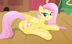  bedroom_eyes biting_lip blue_eyes blush book dresser equine eyelashes fluttershy_(mlp) friendship_is_magic hair half-closed_eyes hooves horse laying_on_floor mammal my_little_pony open_mouth pegasus pink_hair pony presenting_rear pussy rainbownspeedash seductive smile table tongue wings 