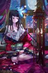  animal architecture bird birdcage black_hair cage curtains east_asian_architecture fan fangzhenyu floral_print flower hair_flower hair_ornament inishie_no_megami_to_houseki_no_ite japanese_clothes long_hair moon official_art paper_fan sitting wide_sleeves window 