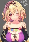  ;) anniversary bangs bare_shoulders black_gloves blonde_hair blush breasts cleavage closed_mouth collarbone commentary_request fingerless_gloves gloves hair_ribbon large_breasts looking_at_viewer matarou_(genkai_toppa) moltena_(sennen_sensou_aigis) one_eye_closed red_eyes ribbon sennen_sensou_aigis short_hair simple_background smile solo string_of_flags upper_body wavy_hair 
