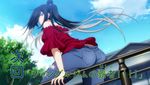  1girl ass back jeans keijo!!!!!!!! kyoko_shirayuki long_hair sitting sky solo 