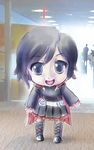  1girl big_head black_hair boots cape cross-laced_footwear full_body grey_eyes iesupa mascot mikudayoo parody red_cape ruby_rose rwby 