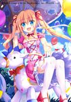  balloon blonde_hair blue_eyes carousel character_request commentary_request emil_chronicle_online hair_between_eyes hair_ribbon highres horse long_hair looking_at_viewer nanairo_fuusen neck_ribbon open_mouth red_ribbon ribbon sitting smile solo thighhighs twintails white_legwear 