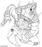  2004 5_fingers anthro armor axe black_and_white chain claws detailed front_view helmet holding_object holding_weapon jaime_sidor line_art melee_weapon monochrome muscular open_mouth simple_background skull weapon white_background 
