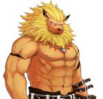  abs animal_ears beardcat blue_eyes digimon digimon_tamers earrings furry highres jewelry leomon lion_ears male_focus muscle necklace nipples scar serious shirtless simple_background single_earring solo upper_body white_background 