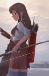  akagi_(kantai_collection) archery bad_id bad_pixiv_id bow_(weapon) brown_eyes brown_hair brown_skirt day gloves grey_legwear holding holding_bow_(weapon) holding_weapon kantai_collection kyuudou looking_back makio_(makiomeigenbot) muneate outdoors partly_fingerless_gloves profile quiver single_glove skirt solo standing thighhighs weapon yugake 