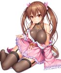  bare_shoulders black_legwear blush breasts brown_eyes brown_hair collarbone covered_nipples hair_ornament hair_ribbon japanese_clothes junon_(sennen_sensou_aigis) lambda_(kusowarota) large_breasts long_hair looking_at_viewer obi off_shoulder ribbon sash sennen_sensou_aigis simple_background smile solo thighhighs twintails white_background 