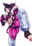  abs breasts bursting_breasts crotch detached_sleeves drill_hair erect_nipples fighting_stance fingerless_gloves halter_top halterneck han_juri large_breasts looking_at_viewer muscular_female navel one_leg_raised pink_nails sideboob smile standing_on_one_leg street_fighter_iv_(series) toned tongue_out twin_drills underboob 