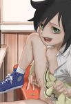  1girl areolae black_hair green_eyes kaze_fukeba_nanashi kuroki_tomoko looking_at_viewer no_panties open_mouth open_shirt pussy_juice shoelaces shoes sitting skirt skirt_lift socks solo watashi_ga_motenai_no_wa_dou_kangaetemo_omaera_ga_warui! white_shirt 