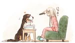  black_eyes blonde_hair bowl commentary_request controller couch dog from_side heart long_hair long_sleeves nagatsuki_misoka original pink_pajamas polka_dot_pajamas profile remote_control sitting sleeves_past_wrists solo 