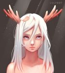  absurdres antlers artist_name blank_stare closed_mouth expressionless eyebrows hair_between_eyes highres leaf lips long_hair looking_at_viewer lulybot nose nude original purple_eyes reindeer_antlers solo upper_body wet wet_face white_hair 