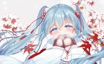  aqua_eyes aqua_hair bisonbison blush gloves hatsune_miku long_hair ribbons snow tree twintails vocaloid 