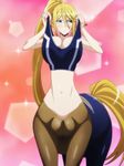  1girl blonde_hair blue_eyes blush breasts centaur centorea_shianus highres large_breasts long_hair monster_musume_no_iru_nichijou ponytail solo standing stitched swimsuit 