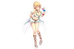  armlet bare_shoulders bikini_skirt blonde_hair blush bracelet breasts cleavage drink drinking_straw flower_knight_girl full_body jewelry kuchinashi_(flower_knight_girl) large_breasts looking_at_viewer necklace one_eye_closed open_mouth red_eyes sandals solo strappy_heels swimsuit transparent_background utsurogi_akira 