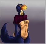  avian beak bird bottomless breasts clothed clothing dinosaur feathers female fur green_eyes invalid_tag nude purple_top pussy raptor simple_background slim standing tasteful_nude terrorbird theropod top toucan two_tone 
